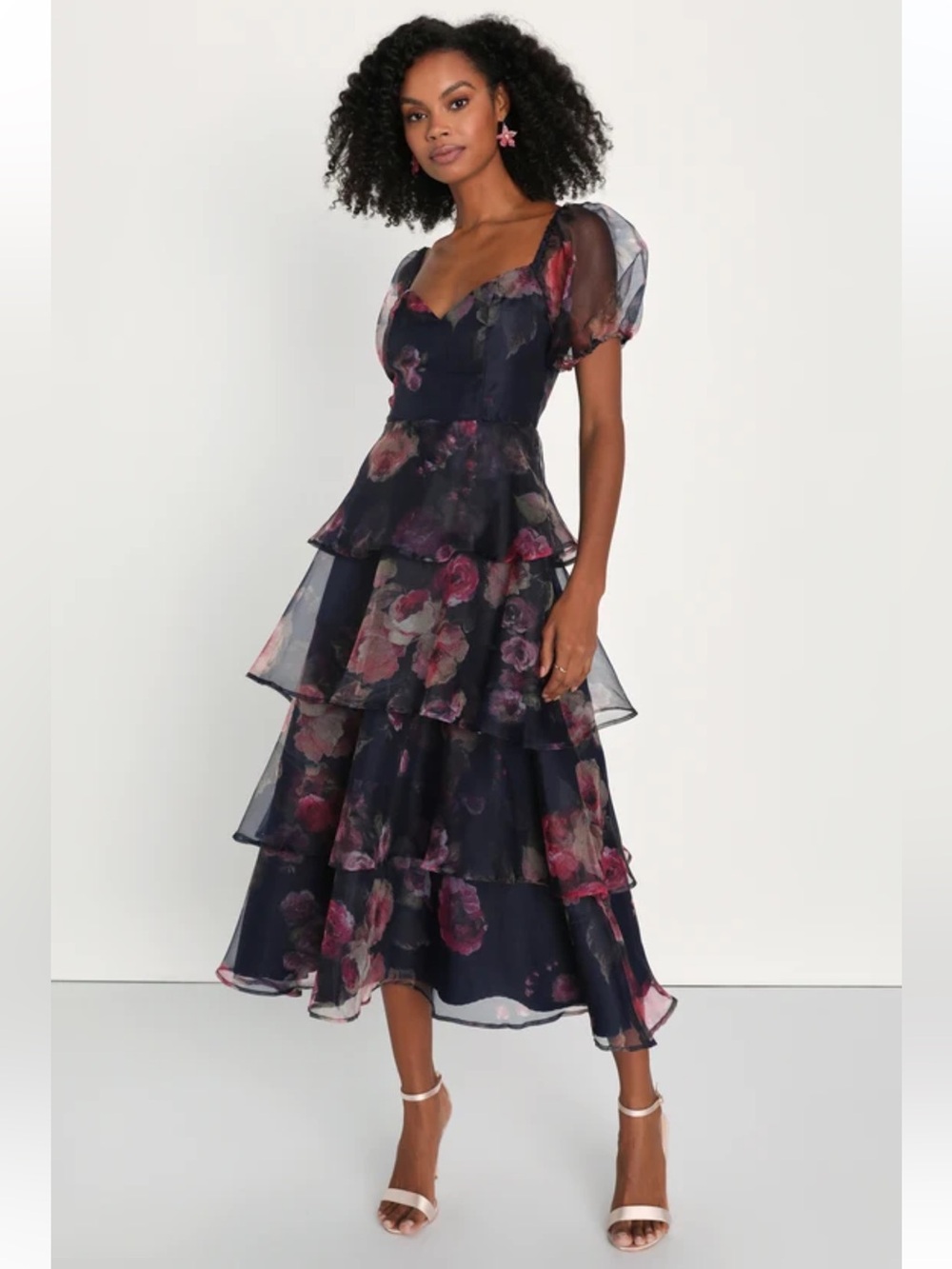BNWT Lulus Oh-So Stunning Navy Blue Floral Organza Tiered Midi Dress - Picture 2 of 7